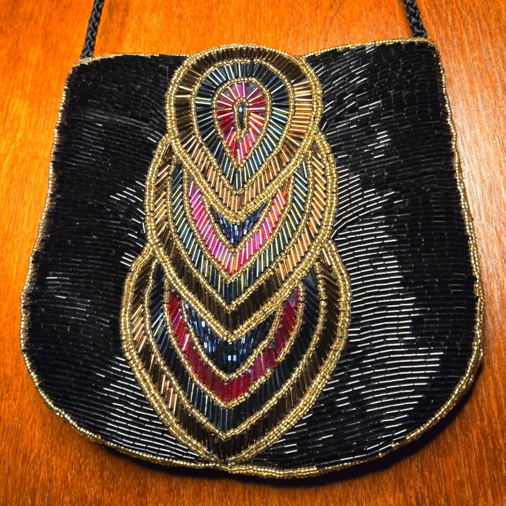 La Regale Black Beaded Purse with Multicolor Teardrop Design